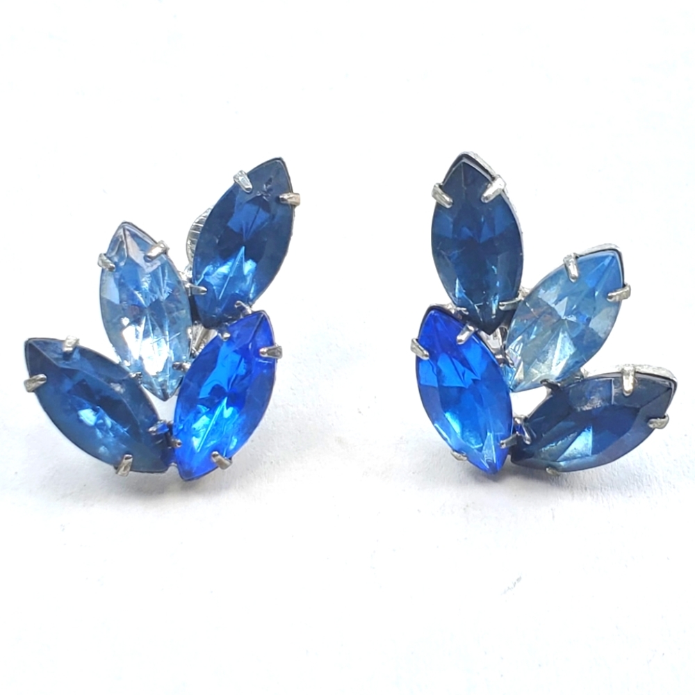 Vintage Blue Clip Earrings Silvertone Hardware